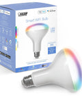 BR30 Smart Flood Light Bulb With 2.4GHz WiFi RGBW Color Changing And Dimmable Lighting No Hub Needed Works With Alexa Or Google Assistant 65W Easy App Control And Shared Access For Your Home Vibe, LED bulb next to retail packaging showcasing color options.