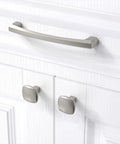 Six Pack Brushed Satin Nickel Cabinet Knobs Zinc Alloy Kitchen Hardware Smooth As Silk Finish on white cabinet doors.