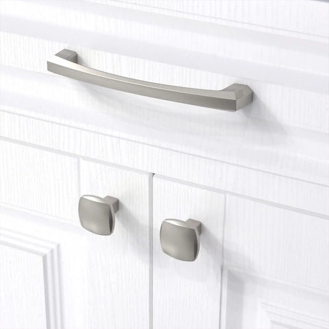 Six Pack Brushed Satin Nickel Cabinet Knobs Zinc Alloy Kitchen Hardware Smooth As Silk Finish on white cabinet doors.
