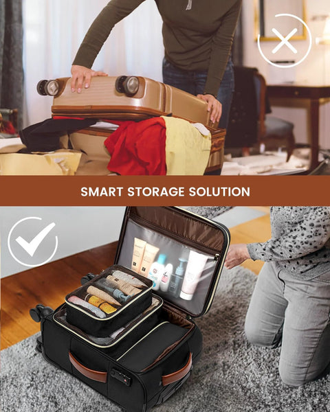 Front view of LoveVOOK 5-piece carry-on luggage set with wheels; open interior shows organizer and toiletries.
