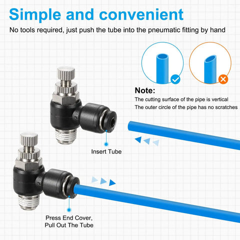 2 Pack 1/4 NPT Push To Connect Air Flow Control Valve 90 Degree Elbow Fitting For 1/4 Inch OD Air Hose demonstrated with blue tubing