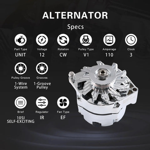 Chrome Replacement Alternator For Chevy Big Block And Small Block V8 105 Amp 1 Wire High Output RA00114 12 Volt CW Rotation IR Regulator V1 Pulley