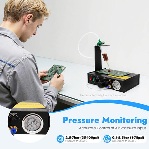 Pro Grade Semi Automatic Glue Dispenser Machine For Electronics With 0.01ml Precision And Vacuum Suck Back Solder Paste Controller Liquid Adhesive Dropper Timer Controlled Bonding Of Tiny Components And PCBs, pressure gauge view