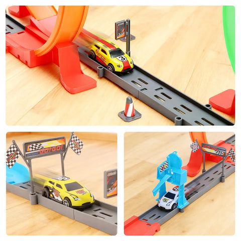 Close-ups of Crazy Fun 360 Degree Loop Track With Eight Loops And Five 1 To 64 Scale Toy Cars Easy Storage Perfect Gift For Boys Aged 3 To 7
