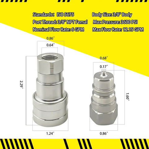 Heavy Duty 3/8 Inch Npt Hydraulic Quick Connect Coupler Set Iso 5675 Carbon Steel Couplings side view with dimensions shown.