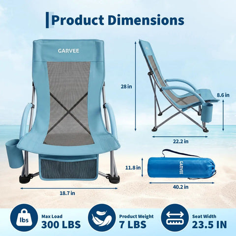 Two Pack Folding Beach Chairs For Adults With Cup Holder, Storage Pocket And Carry Bag, product dimensions illustration.