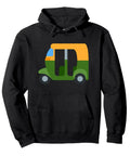New Wave Auto Rickshaw Pullover Hoodie Sick Vintage Tuk Tuk City Ride Graphic on black fabric, unisex, comfy fit.