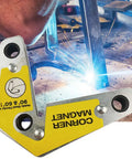Heavy Duty Multi Angle Welding Fixer Holds 60, 90, 120 Degree Ferrite Magnets Securely for precise alignment with sparks in background.