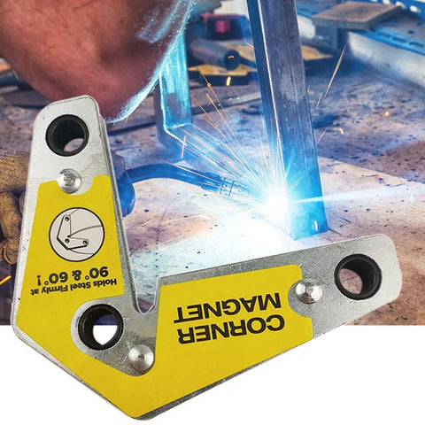 Heavy Duty Multi Angle Welding Fixer Holds 60, 90, 120 Degree Ferrite Magnets Securely for precise alignment with sparks in background.