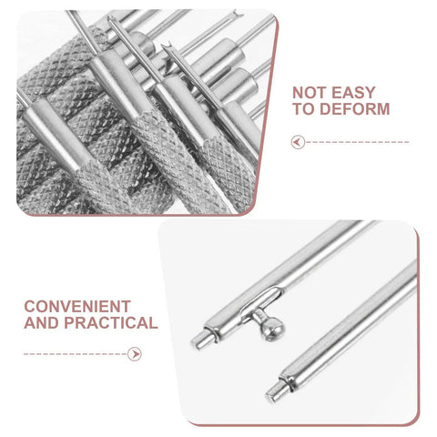 Stainless Steel Watch Spring Bar Pins And Repair Tool Kit close-up showing textured handles and pin ends for secure connection.