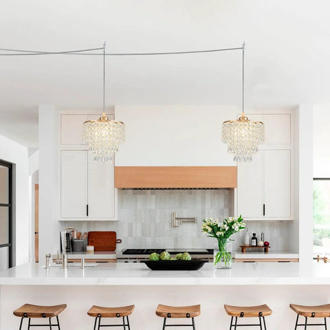 Straight Up Gold Plug In Pendant Light With 16 Foot Long Cord And Sparkling Three Tier Crystals For Kitchen Island Or Cozy Bedroom Setup Premium Slick Mini Chandelier Drip hanging in modern kitchen over bar stools.