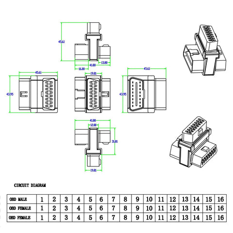 Technical diagram of Pocket OBD2 Splitter Cable With 1 Male To 2 Female 16 Pin OBD II Port Splitter For Diagnostic Extender