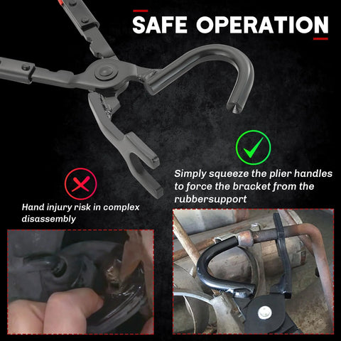 Weyleity exhaust hanger removal tool with curved jaws for separating rubber hangers; automotive grey metal.
