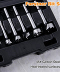 8 Piece Forstner Bit Set Kickass Heat Treated Carbon Steel Drill Bits For Wood 1/4 To 1 3/8 Inch displayed in black case with sizes marked.