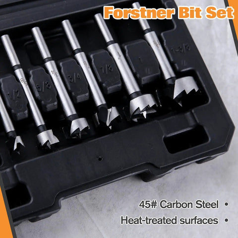8 Piece Forstner Bit Set Kickass Heat Treated Carbon Steel Drill Bits For Wood 1/4 To 1 3/8 Inch displayed in black case with sizes marked.