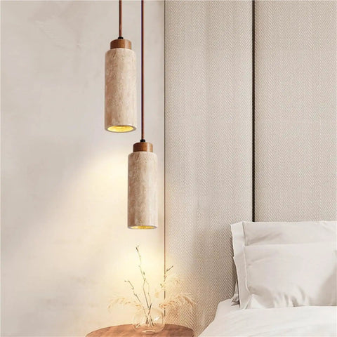Yellow Travertine Pendant Light In Nordic Wabi Sabi Style, Cylindrical E27 Ceiling Fixture With Adjustable Height for bedroom