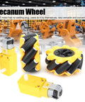 Two Mecanum wheels for TT geared motor with yellow housing, 80mm rubber-coated rims and black rollers