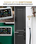 All In One Weather Station With Indoor Outdoor Thermometer And Wireless Atomic Clock Real Time Temperature And Humidity Monitor With Large Constant Display Dew Point Barometer Moon Phase Tide And Comfort Readouts Grey showing indoor displays and outdoor sensor mounted on a wall.