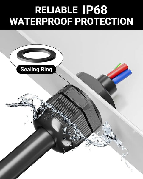 All Purpose Nylon Waterproof Cable Gland Kit 50 Pcs IP68 With PG7 NPT installed with sealing ring, showcasing waterproof protection