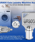 GR800 coin laundry machine key and lock set in front of a washer
