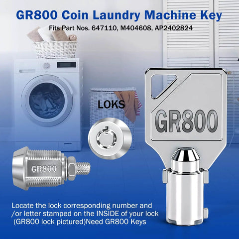 GR800 coin laundry machine key and lock set in front of a washer