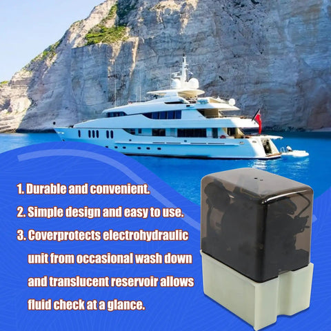 12V Marine Hydraulic Power Unit for Trim Tabs on Yachts and Boats, easy install HPU pump shown with yacht background