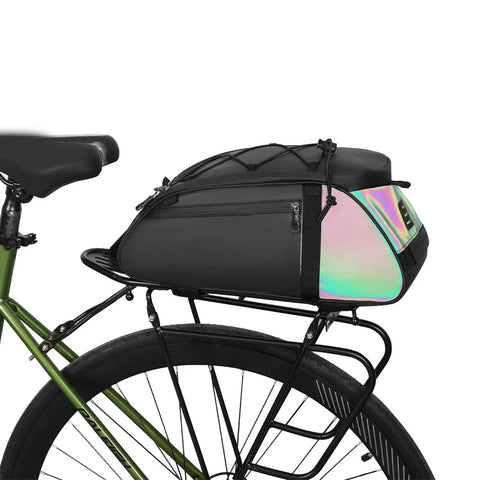 Rear Rack Bike Bag 12L Water-Resistant Trunk Pannier With Reflectors For Bikepacking And Commuting mounted on green bike