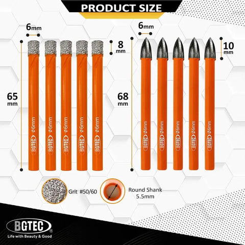 Image of Dry Diamond Drill Bits Set 10 Piece 1/4 Inch Shank For Granite Marble Tile Ceramic Porcelain And Stone. Includes size and grit details.