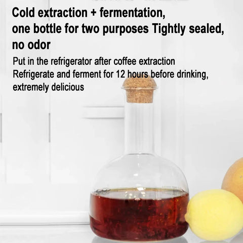 Polished Glass Cold Brew Coffee Maker Featuring Precise Drip Valve And Rugged Stainless Steel Base, 500ml capacity with cork lid.