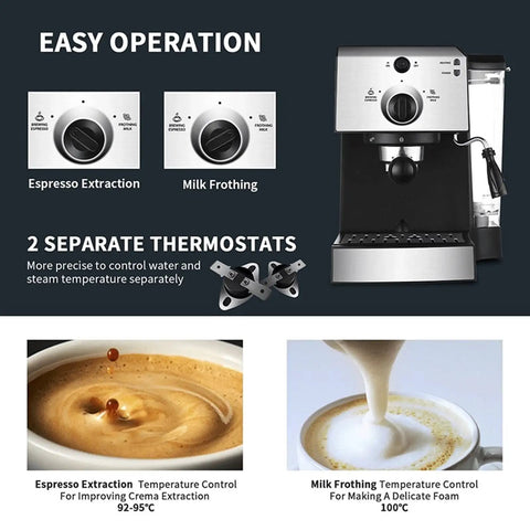 Pro Level Home Espresso Machine With Smooth Milk Frother Handle And Precision Pressure Dials for easy operation and temperature control.