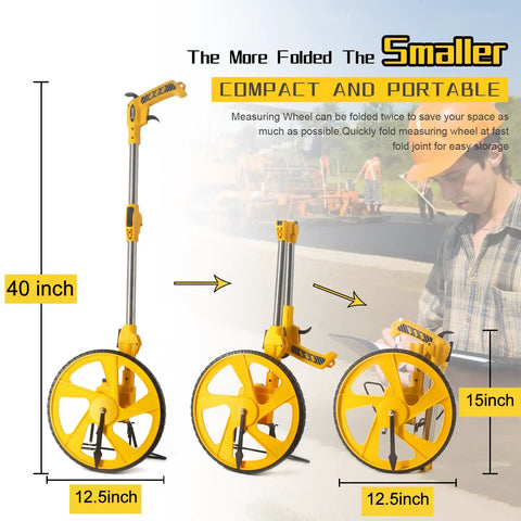 Pro Grade Measuring Wheel With Easy Brake At The Handle And One Touch Zero Reset No Fuss, Collapsible views and dimensions