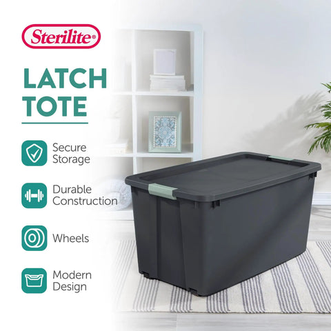 Hella Tough 12 Pack 45 Gallon Wheeled Latch Totes With Smooth Rolling Wheels And Secure Snap Caps For Zero Hassle Home Organization Heavy Duty Stackable Plastic Storage Bins on display in modern living space.