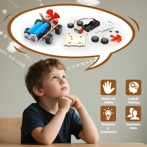 Child envisioning Wind Powered Cars Kit For Kids Ages 8 To 12, Six Wood Building Crafts Cars Set, for hands-on science learning
