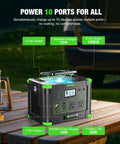Power On The Go Portable Power Station with 1000W output and 999Wh capacity, showing 10 ports for versatile use.