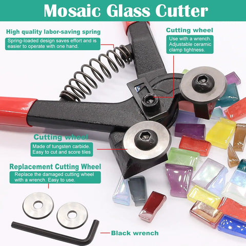 All In One Glass Cutting Kit For Stained Glass Projects Includes 8 Inch Tile Nippers and mosaic glass pieces on display.