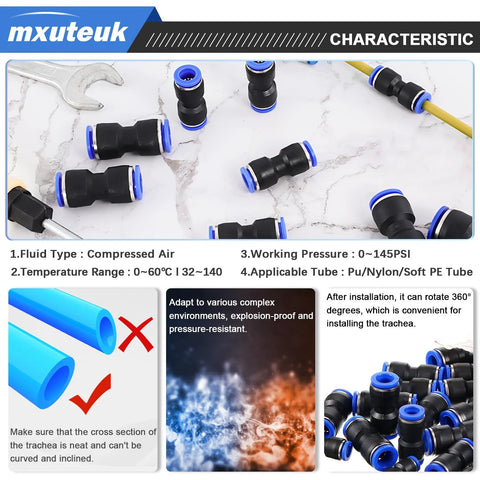 mxuteuk 110-piece push-to-connect air hose fittings set, black bodies with blue collars for 4/6/8/10/12mm tubes