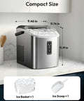 EUHOMY countertop ice maker, stainless steel, front view with open lid showing ice; includes ice basket and scoop