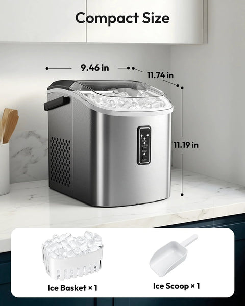 EUHOMY countertop ice maker, stainless steel, front view with open lid showing ice; includes ice basket and scoop