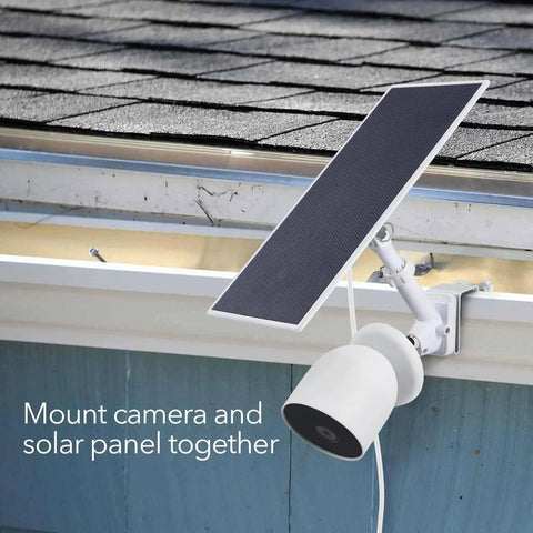 Gutter Mount For Nest Cam Battery And Solar Panel, Two In One Outdoor Mount Bracket installed on gutter with camera and solar panel