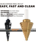 Image of step drill bit set illustrating optimized split-point angle and nitride hardened surface with spiral grooves.