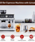Home Barista Espresso Machine With Integrated Grinder And Auto Milk Frother For Crisp Fresh Ground Pulls Fast Heat Up with glass cups.