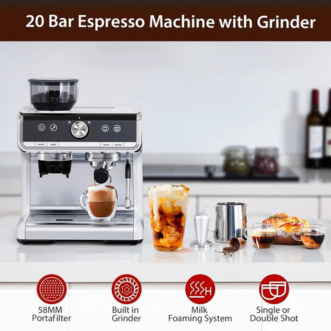Home Barista Espresso Machine With Integrated Grinder And Auto Milk Frother For Crisp Fresh Ground Pulls Fast Heat Up with glass cups.