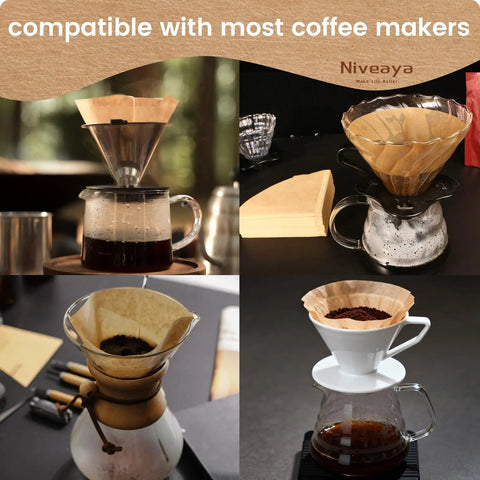 Four arrangements of 200 Count Cone Coffee Filters Size 02 Natural Unbleached Paper For Pour Over And Drip Coffee Makers 2 To 4 Cup