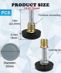Quarter Inch Threaded Leveling Feet With PTFE Bottom For Carpets And Hardwood Floors, Adjustable Furniture Glides, 4-pack