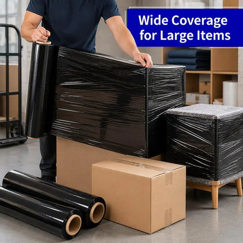 Heavy Duty Black Stretch Wrap Film 50 Cm Roll For Moving And Shipping securing large cartons and furniture in a workspace.