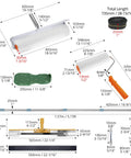 Image illustrating dimensions of Self Leveling Tools Kit With 20 Inch And 9 Inch Spiked Rollers 22 Inch Self Leveling Rake Scraper Spike Shoes.
