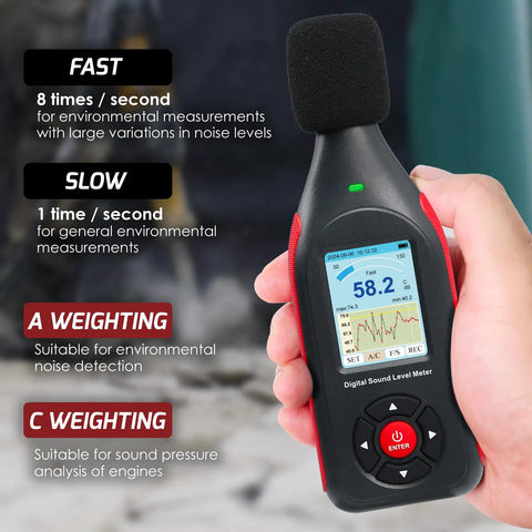 Decibel Meter Data Logger With Real Time Sound Level Readouts, 43,000 Data Capture And Excel Export, Rechargeable Noise Monitor With AC DC Output, Three Color Alarm, PC Connectivity And Main Unit Display, handheld with FAST, SLOW, A and C weighting