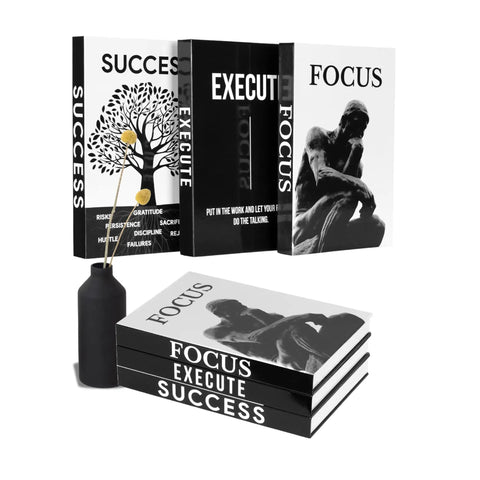 Faux Book Decor Set Of 3 For Modern Desk And Shelf Vibe, Black And White Decorative Books with Motivational Text on White Background
