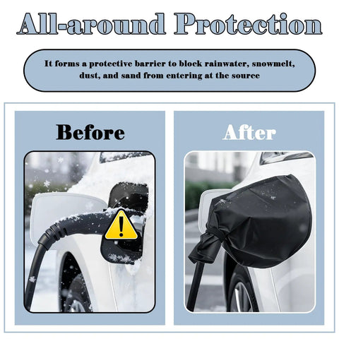 Before and after images showing Heavy Duty Magnetic EV Charger Cover For Steel Ride Built Different Weatherproof Oxford Cloth.
