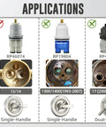 Application guide for Delta RP46074 cartridge replacement showing compatibility with 13/14 single-handle faucets and other models.